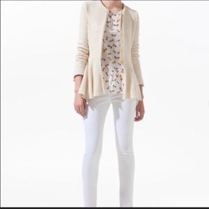 Zara Cream Zip Front Peplum Sweater Jacket